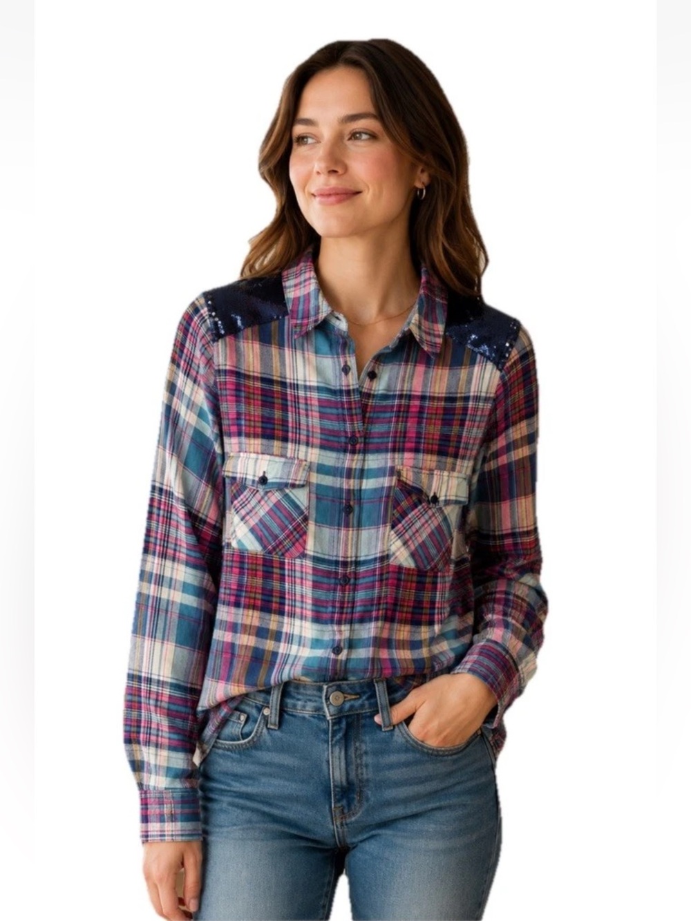 Entro Plaid Button Up Sequin Shoulders Sz M Boutique Classic Western Fancy Bold